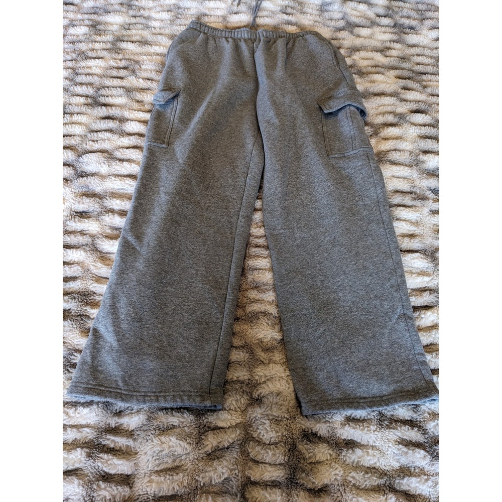 Trendy Queen Gray Fleece Cargo Sweatpants Wide Leg Joggers Gym Bodybuilding L